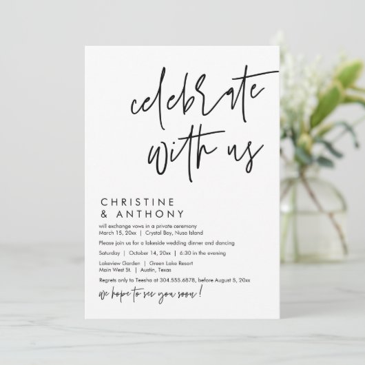 Bruiloft Elopement Diner, Modern Casual Script Kaart (Staand voorkant)