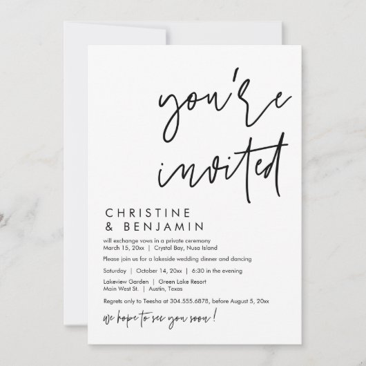 Bruiloft Elopement Diner, Modern Casual Script Kaart (Voorkant)