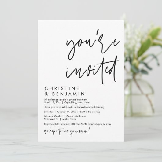 Bruiloft Elopement Diner, Modern Casual Script Kaart (Staand voorkant)