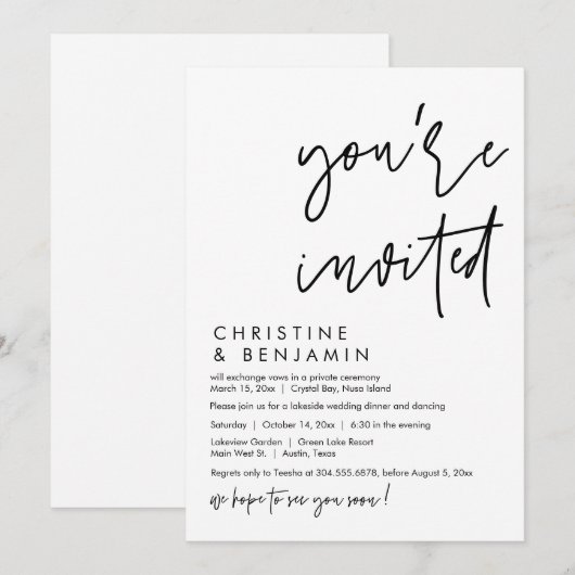 Bruiloft Elopement Diner, Modern Casual Script Kaart (Voorkant / Achterkant)