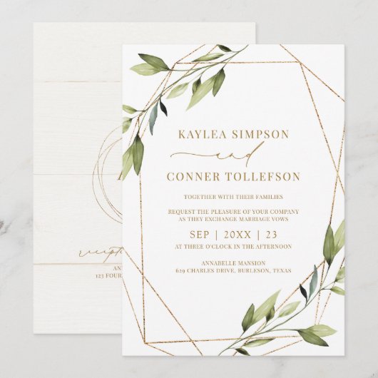 Bruiloft Etherische Geometrische groen Gouden Wijn Kaart (Voorkant / Achterkant)