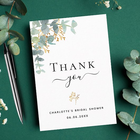 Bruiloft eucalyptus groen elegante script bedankkaart