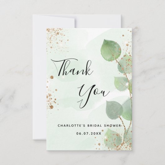 Bruiloft eucalyptus groen goud glitters bedankkaart (Voorkant)