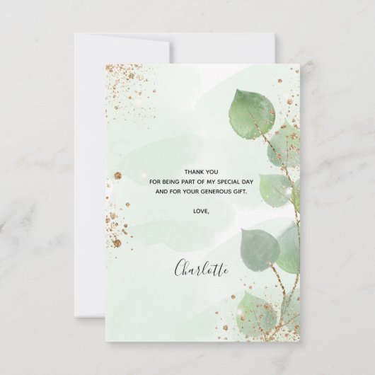 Bruiloft eucalyptus groen goud glitters bedankkaart (Achterkant)