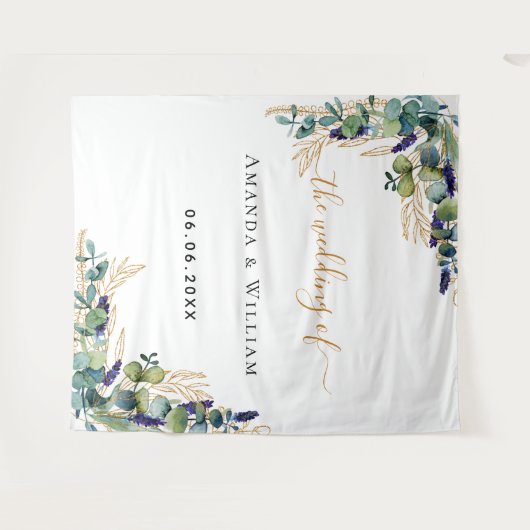 Bruiloft eucalyptus groen goud monogram wandkleed (Voorkant (horizontaal))