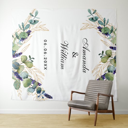 Bruiloft eucalyptus groen monogram wandkleed (In Situ (horizontaal))