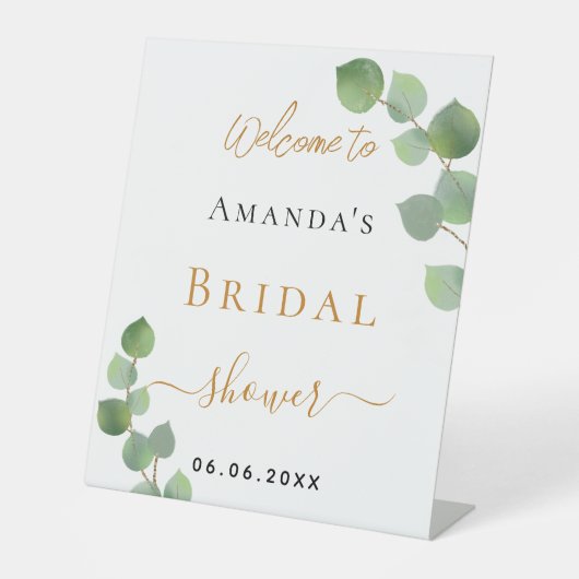 Bruiloft eucalyptus groen welkom reclamebord met voetstuk (Voorkant)