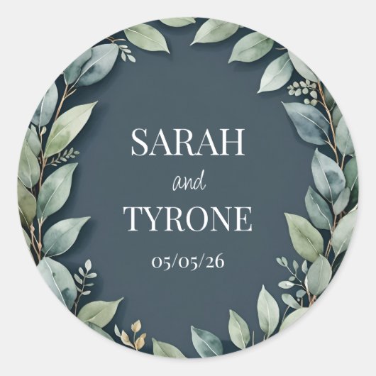 BRUILOFT EUCALYPTUS KRANS aangepaste tekst Ronde Sticker (Voorkant)