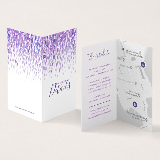 Bruiloft evenement details gast paarse schema kaar kaart (Binnen en buitenkant)