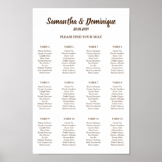 Bruiloft Evenement Gast Stoelenkaart Poster (Voorkant)