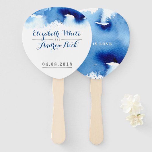 BRUILOFT FAN stijlvolle waterverf chique donkerbla Handwaaier (Voorkant en achterkant)