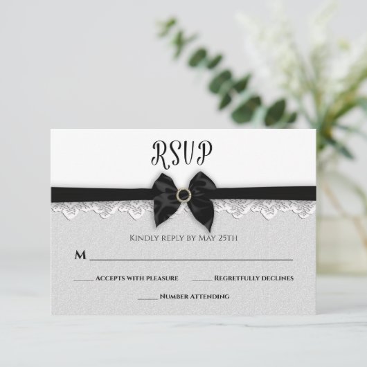 BRUILOFT, Faux Black Bow / Lint / Jewel Pin, Elega RSVP Kaartje (Staand voorkant)