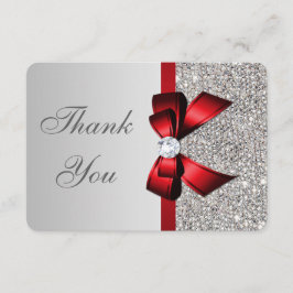 Bruiloft Faux Zilver Sequins Rode Boog Dank u Bedankkaart
