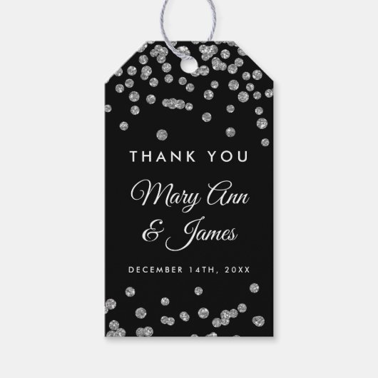 Bruiloft Favor Label Silver Glitter Confetti Zwart Cadeaulabel (Voorkant)
