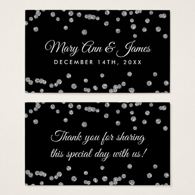 Bruiloft Favor Label Silver Glitter Confetti Zwart Visitekaartje (Voorkant /achterkant)
