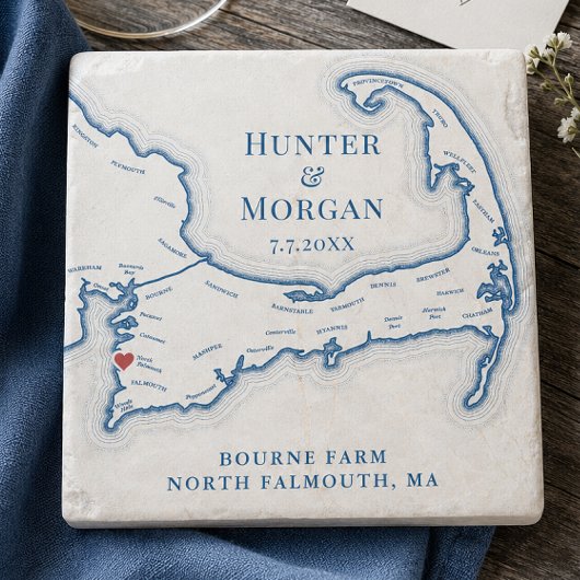 Bruiloft Favoriet Cape Cod Kaart Bourne Farm Stenen Onderzetter