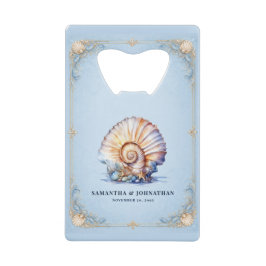 Bruiloft favorieten met luxe zeeschelp strandthema creditkaart flessenopener