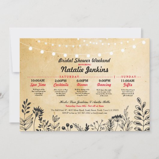 Bruiloft Feest Bloemstuk Itinerary Vrijgezellenfee Kaart (Voorkant)