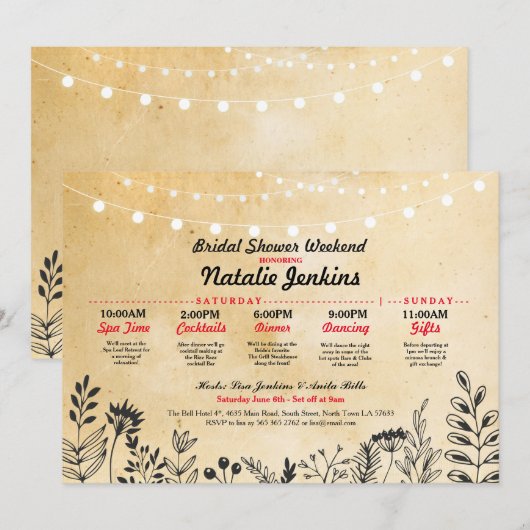 Bruiloft Feest Bloemstuk Itinerary Vrijgezellenfee Kaart (Voorkant / Achterkant)