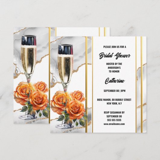 Bruiloft feest bruisende wijn oranje roos elegant feestdagenkaart (Voorkant / Achterkant)