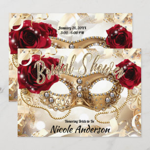 Bruiloft Feest Crème Goud Rode Rozen Masquerade Kaart