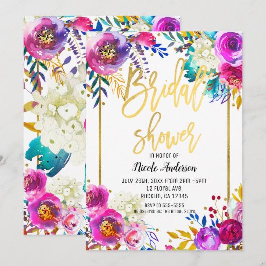 Bruiloft Feest Gold Script Vet Waterverf Bloemen Kaart (Voorkant / Achterkant)