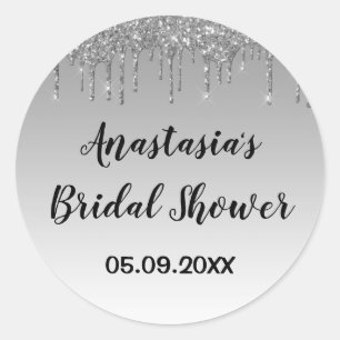 Bruiloft Feest Grijs & Zilver Glitter Druppels Gla Ronde Sticker