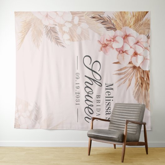 Bruiloft Feest Roze Pampas Gras Boho Achtergrond Wandkleed (In Situ (horizontaal))