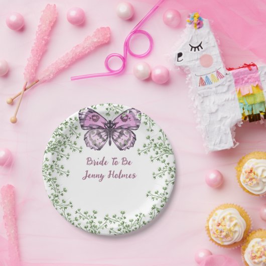 Bruiloft Feest Roze Vlinder Groene Tuintjes  Papieren Bordje (Feest)