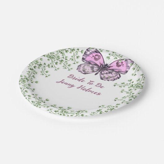 Bruiloft Feest Roze Vlinder Groene Tuintjes  Papieren Bordje (Gekanteld)