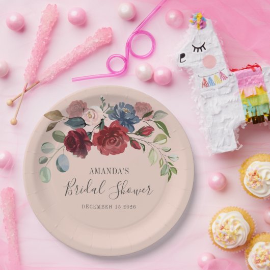 Bruiloft Feest Rustic Bourgondië Florale Maatwerk Papieren Bordje (Feest)