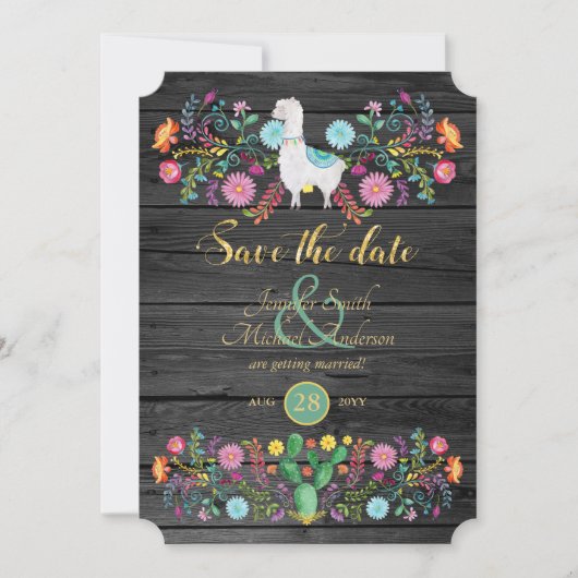 Bruiloft Feest Save The Date Llama Folk Bloemen Kaart (Voorkant)