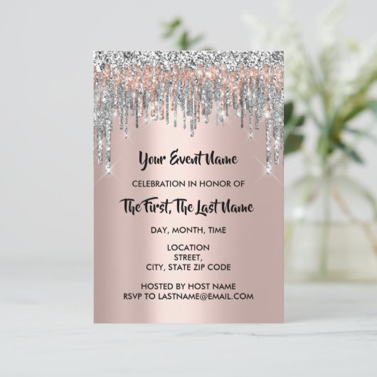 Bruiloft Feest Sweet 16 Roos Zilver Glitter Drip Kaart (Staand voorkant)