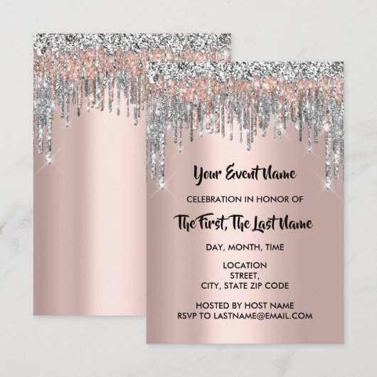 Bruiloft Feest Sweet 16 Roos Zilver Glitter Drip Kaart (Voorkant / Achterkant)