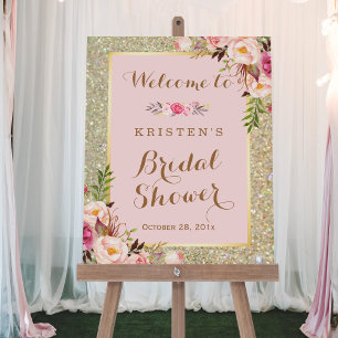 Bruiloft Feestbord Bord Goud Glitter Roze Bloemen  Poster