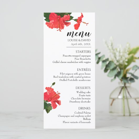 Bruiloft Flat Menu met Hibiscus Bloem (Staand voorkant)