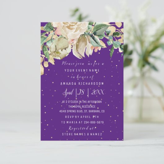 Bruiloft Flower Brunch Mint Paarse Confetti Kaart (Staand voorkant)
