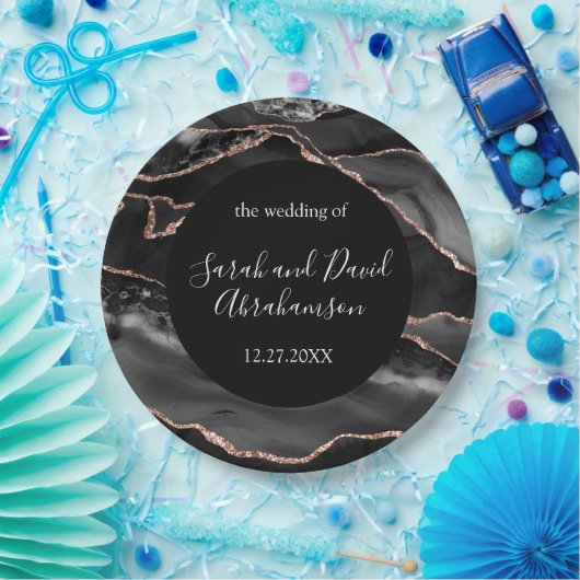 Bruiloft Formele Zwart en Roos Gouden Glitter Agaa Papieren Bordje (Feest)