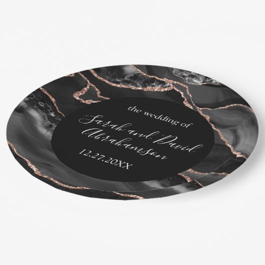 Bruiloft Formele Zwart en Roos Gouden Glitter Agaa Papieren Bordje (Gekanteld)