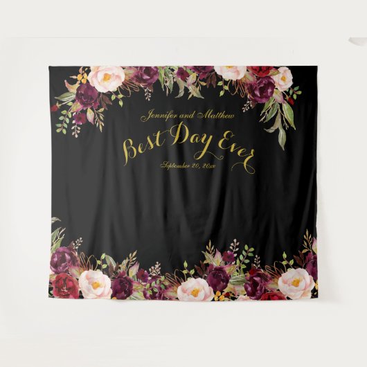 Bruiloft foto Booth Bourgondië Floral Zwart Goud Wandkleed (Voorkant (horizontaal))