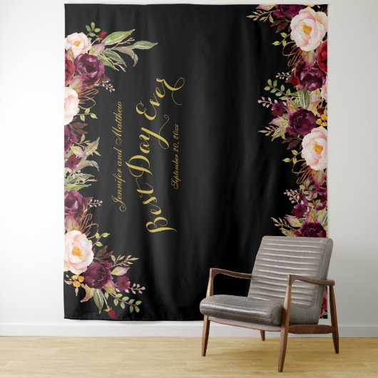 Bruiloft foto Booth Bourgondië Floral Zwart Goud Wandkleed (In situ)