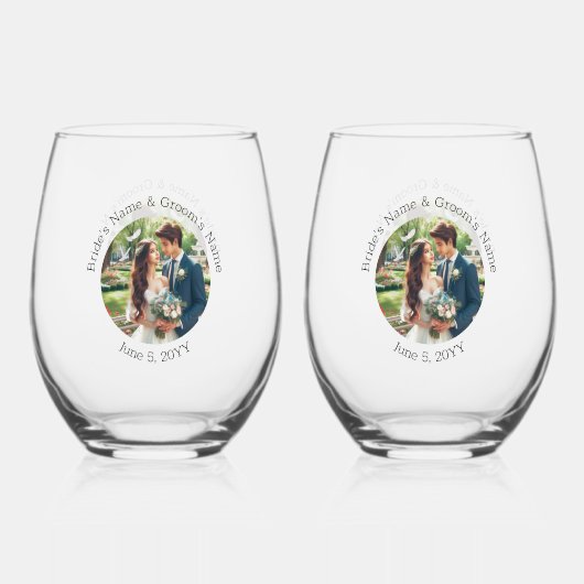 Bruiloft foto bruid bruidegom gepersonaliseerd ele wijnglas zonder voet (Achterkant)
