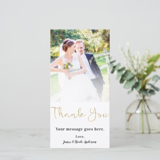 Bruiloft foto dank u dunne faux gouden folie bedankkaart (Staand voorkant)