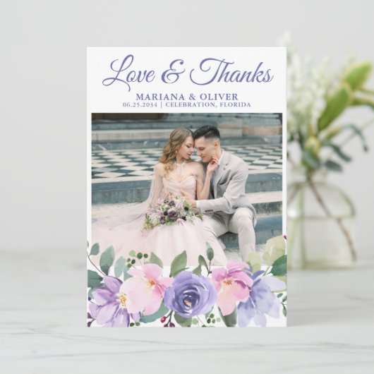 Bruiloft foto Dank u kaart Lavendel Floral (Staand voorkant)