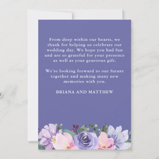 Bruiloft foto Dank u kaart Lavendel Floral (Achterkant)