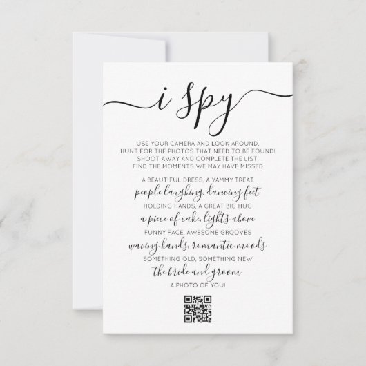 Bruiloft Foto Hunt Spel I Spy Game QR Code Kaart Notitiekaartje (Voorkant)