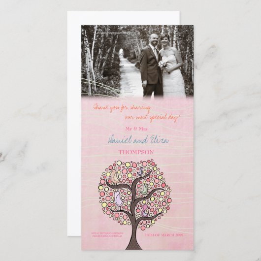 Bruiloft Foto Kaart met Vogels in Boom Roze Dank J (Voorkant / Achterkant)