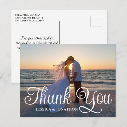 Bruiloft foto krullende kalligrafie dank u briefkaart (Voorkant / Achterkant)