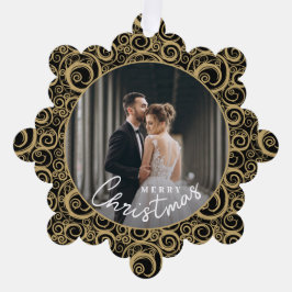Bruiloft foto op gouden werveling zwart kerstpapie ornament kaart
