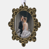 Bruiloft foto op gouden werveling zwart kerstpapie ornament kaart (Links)